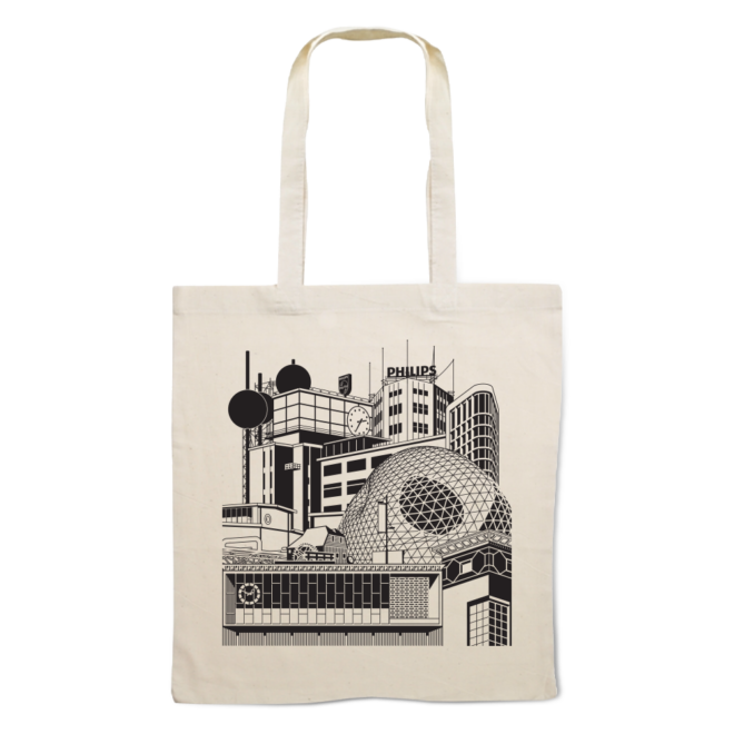 Unieke, Eindhovense linnen tas met een fraaie zeefdruk van de meest iconische gebouwen, straten en pleinen.