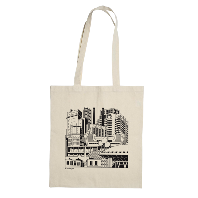 Unieke, Eindhovense linnen tas met een fraaie zeefdruk van de meest iconische gebouwen, straten en pleinen.